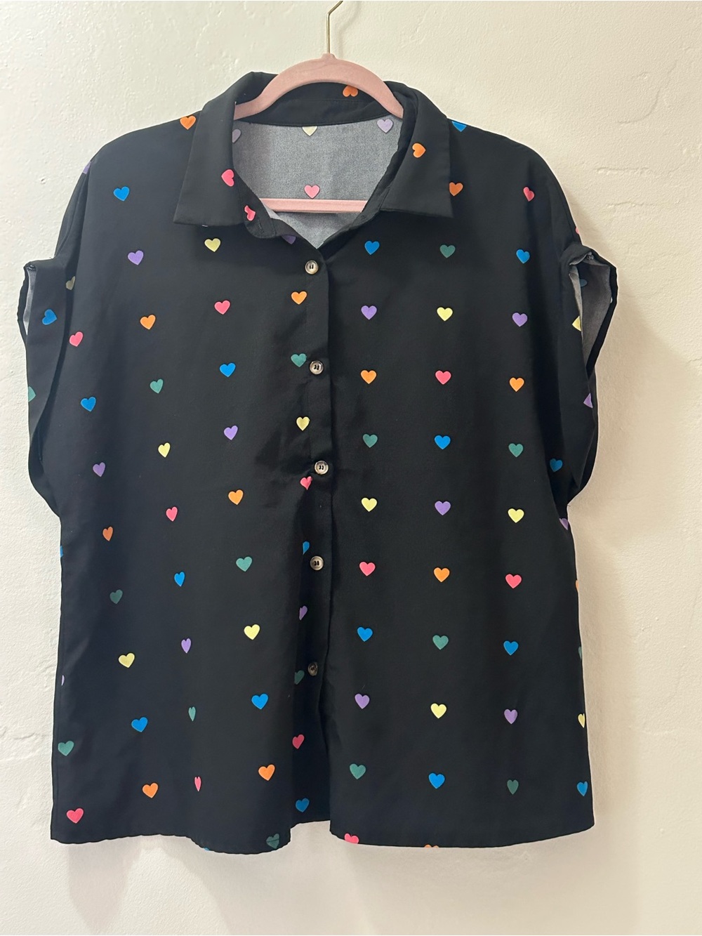 SHEIN Black Button-Up Shirt with Rainbow Heart Print